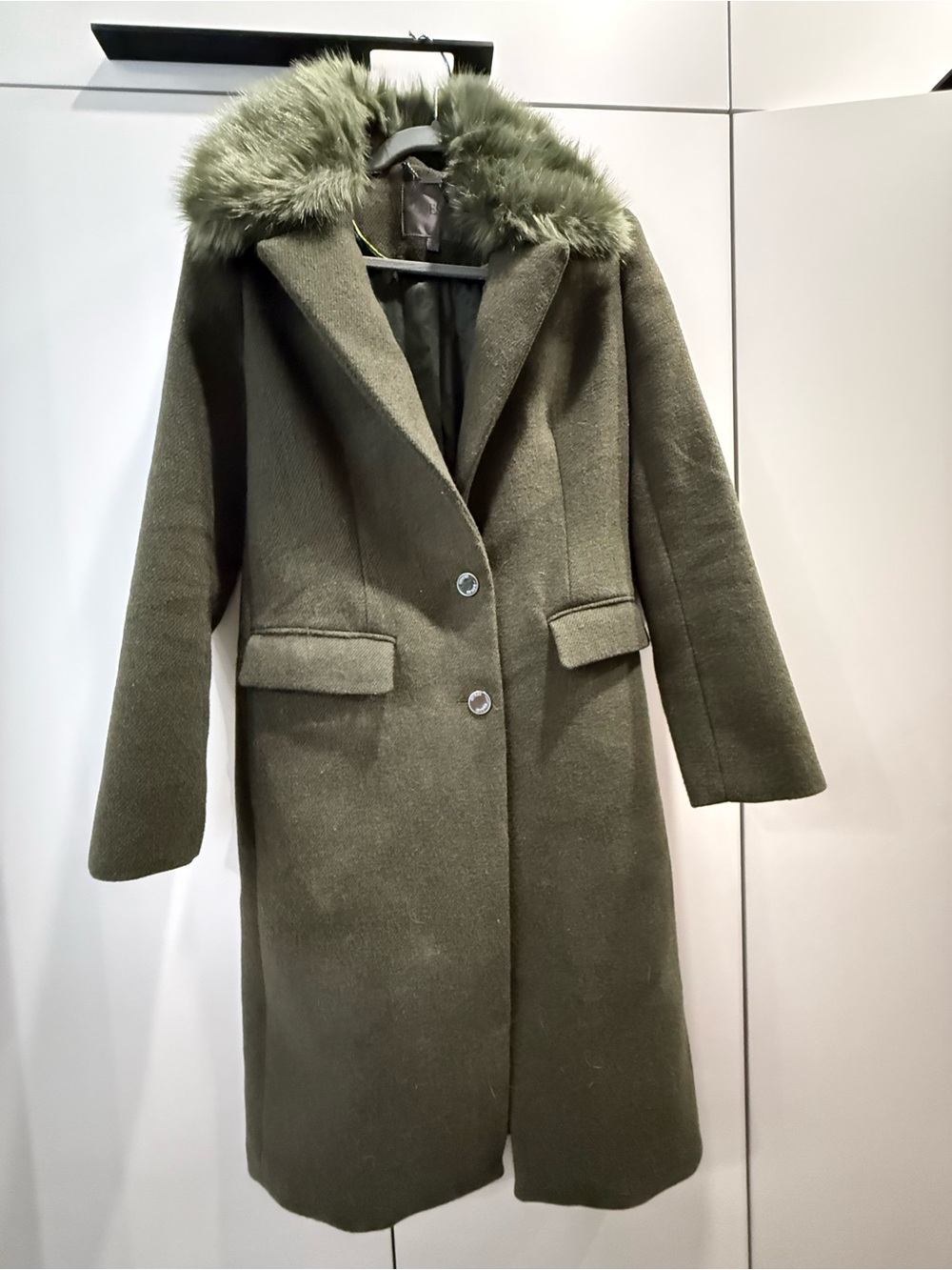 Guess Olive Green Wool Trench Coat with Faux Fur Collar